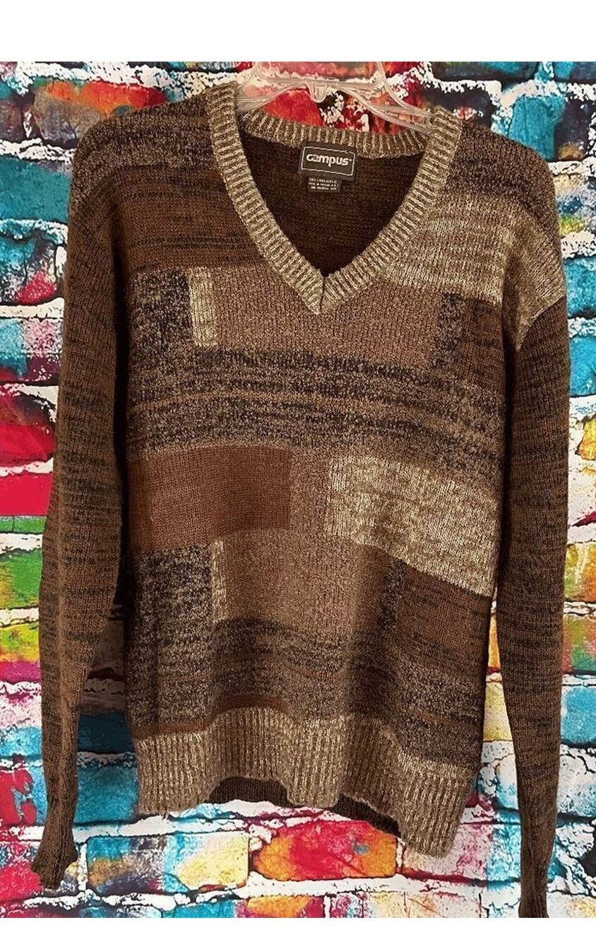 Vintage Campus Virgin Acrylic V-Neck Color Block Sweater Size Large